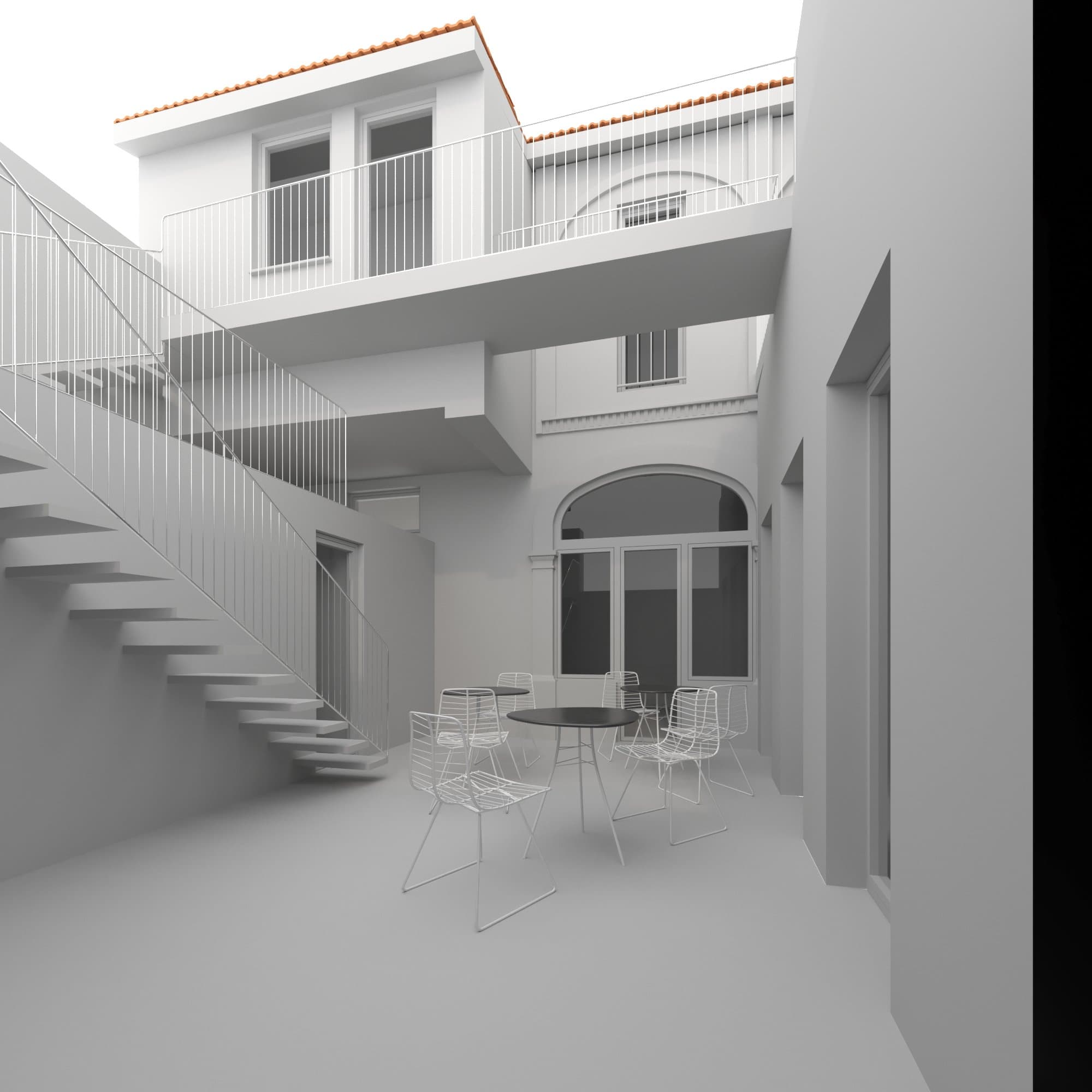 Interno: cortile con scala cantilever