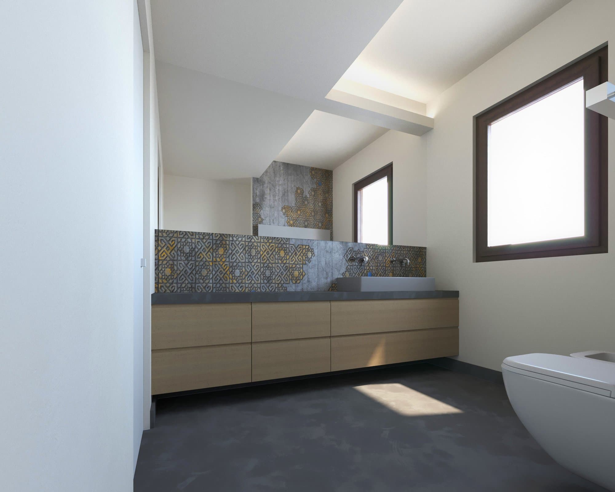 Bagno: parete con cementine geometriche giallo-blu
