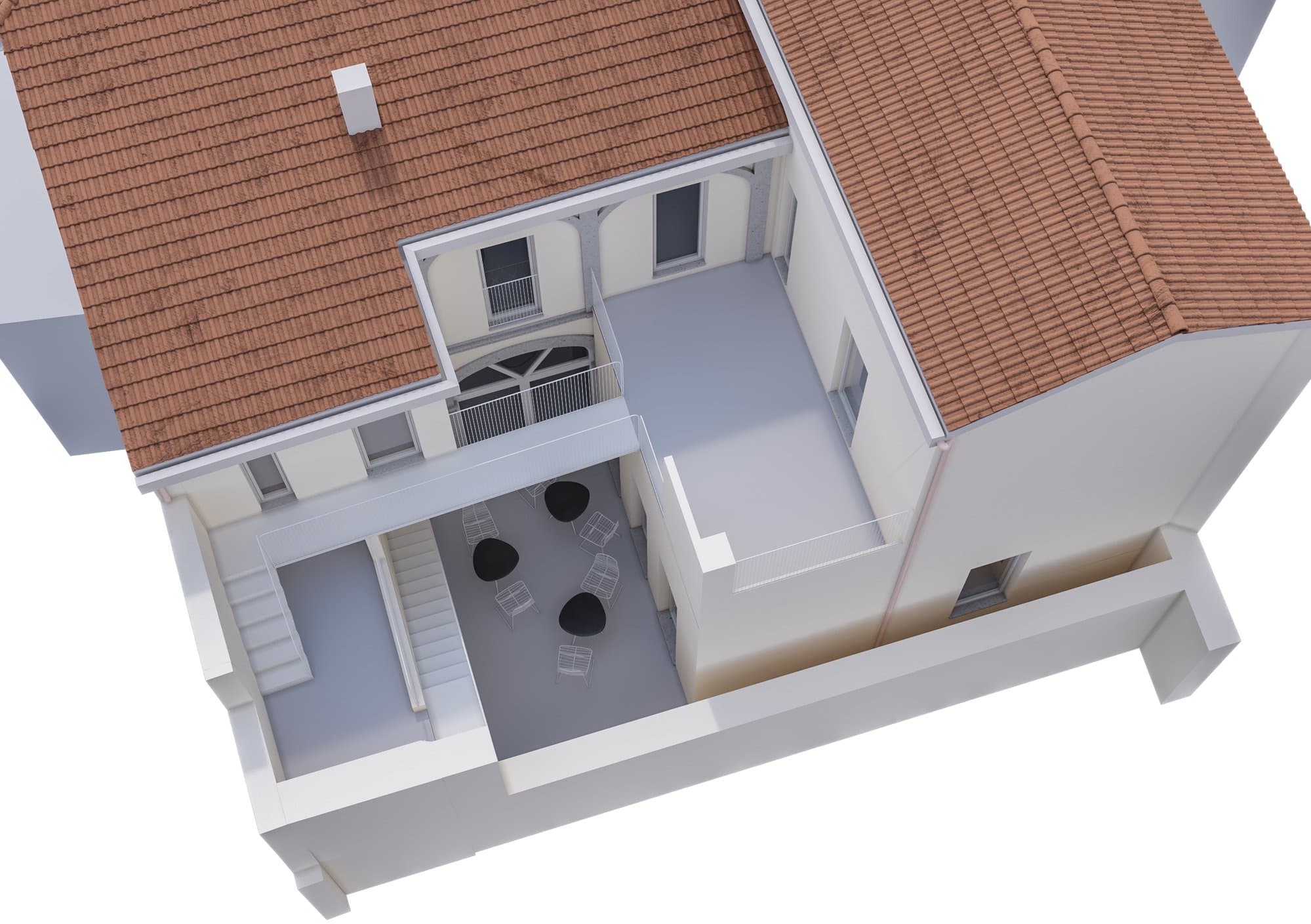 Exterior: axonometric view of the full volume